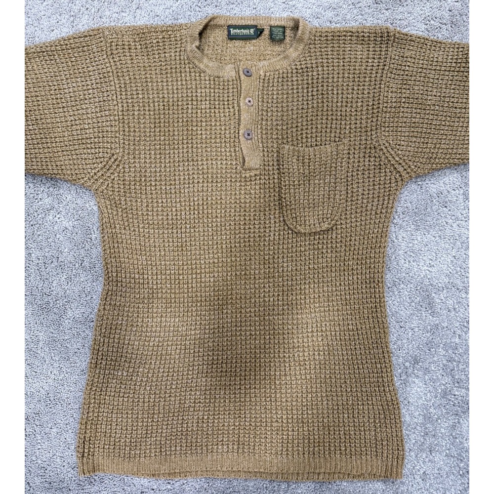 Vintage Timberland Weathergear Men M 80% Silk Cotton Waffle Knit Henley Sweater